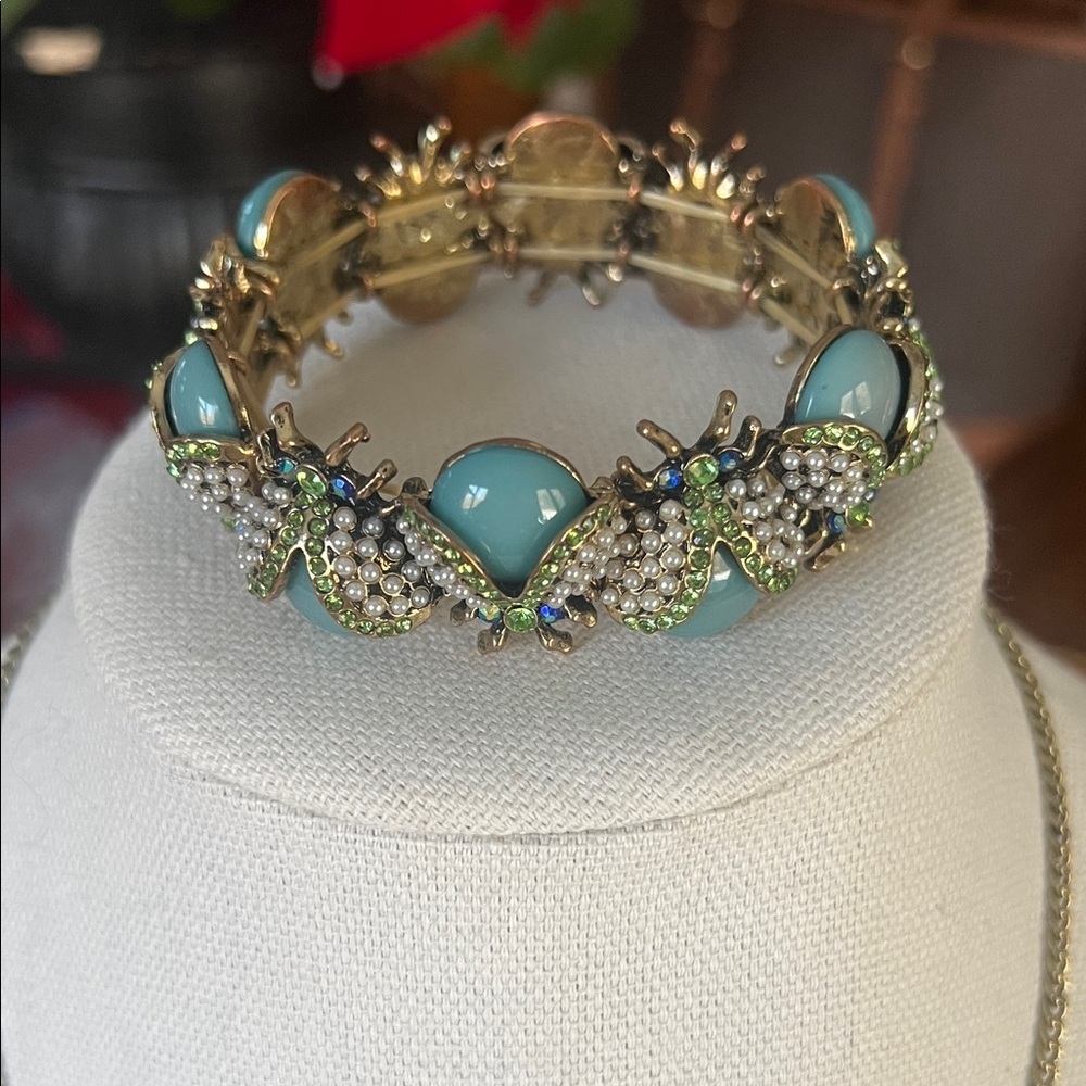 Plunder Turquoise Statement Necklace & Bracelet Set Gold Beaded Rhinestone - Picture 3 of 5